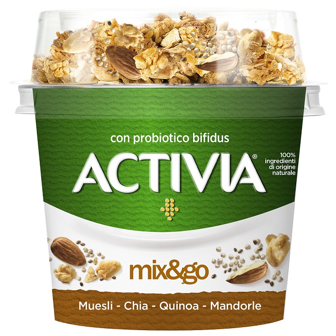 Επιδόρπιο Γιαουρτιού Mix&Go Μούσλι, Αμύγδαλα, Σπόρους Chia και Κινόα Activia (170 g)