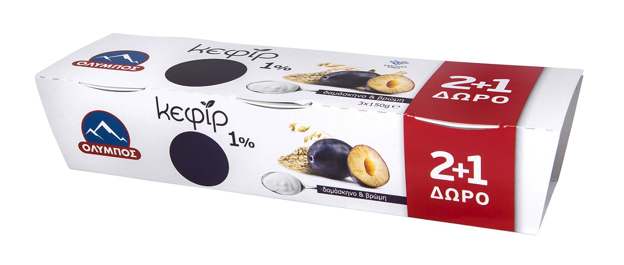 Γιαούρτι Κεφίρ Δαμάσκηνο-Βρώμη 1% λιπαρά 2+1 Δώρο Όλυμπος (3x150g)