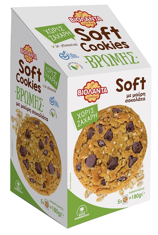 Βιολάντα Soft Cookies Βρώμης με Γλυκαντικά Χωρίς Ζάχαρη με Μαύρη Σοκολάτα Βιολάντα (180g)