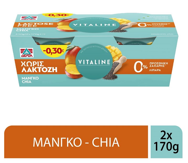 Επιδόρπιο γιαουρτιού χωρίς λακτόζη Μάνγκο Chia Vitaline Δέλτα (2x170g) -0,30€