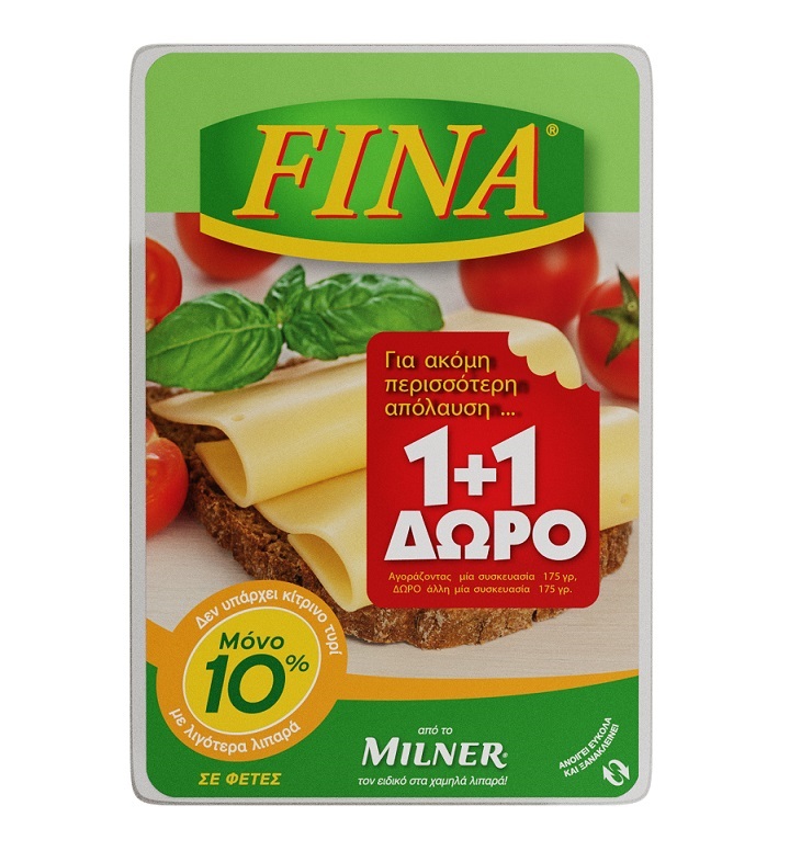Τυρί σε φέτες με 10% λιπαρά Fina (2×175 g) 1+1 δώρο