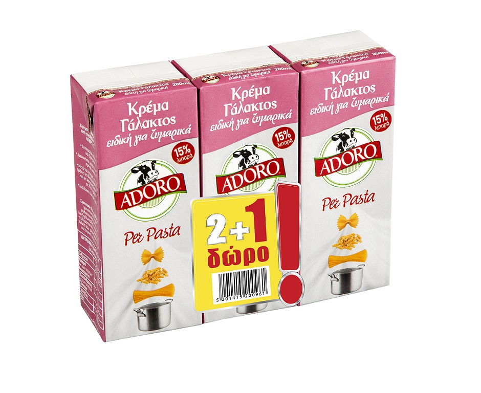 Κρέμα γάλακτος 15% λιπαρά Per Pasta 2+1 δώρο Adoro (3×200 g)