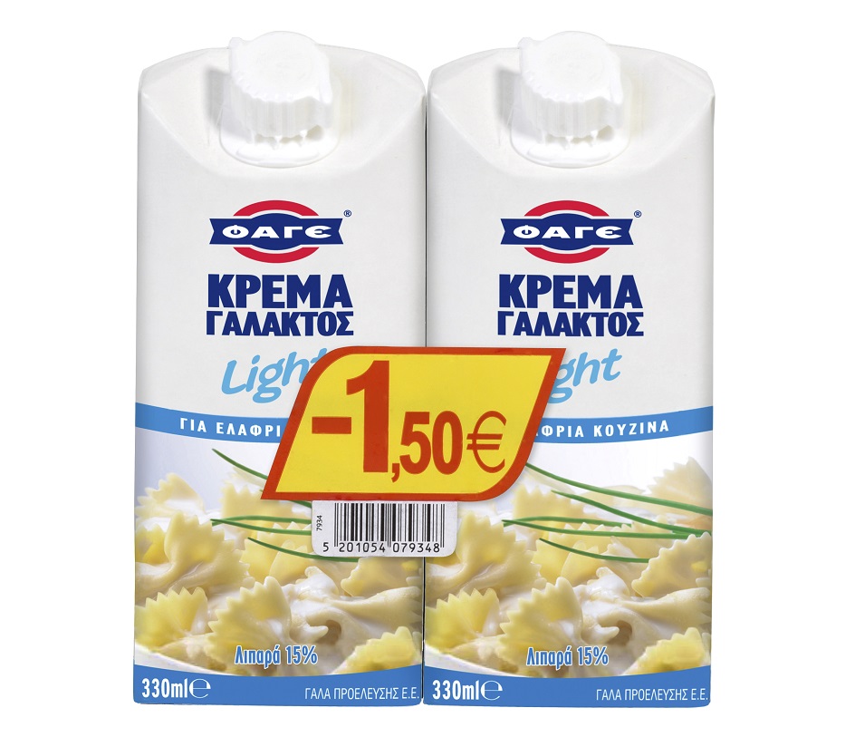 Κρέμα Γάλακτος Light 15% λιπαρά -1,5€ Φάγε (2Χ330 ml)