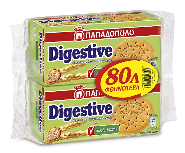 Μπισκότα Digestive Χωρίς Ζάχαρη Παπαδοπούλου (2x250g) -0,80€