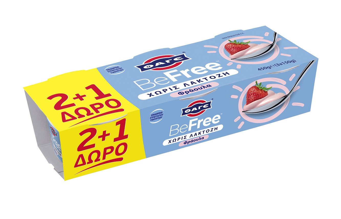 Επιδόρπιο γιαουρτιού χωρίς λακτόζη με φράουλα 0% λιπαρά BeFree Φάγε (3x150g) 2+1 Δώρο