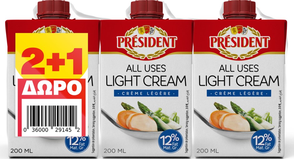 Κρέμα Γάλακτος 12% λιπαρά President (3×200 ml) 2+1 Δώρο