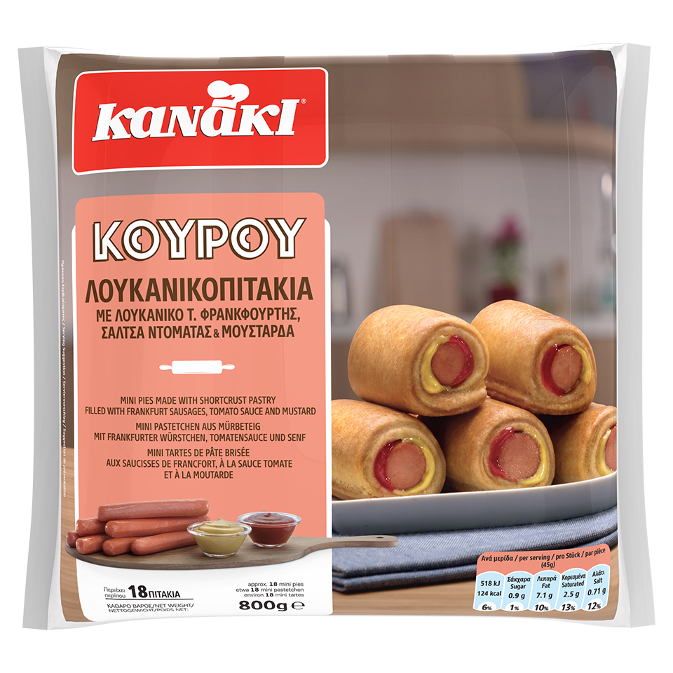 Λουκανοπιτάκια Κουρού με λουκάνικο, σάλτσα ντομάτας και μουστάρδα Κατεψυγμένα Kanaki (800 g)