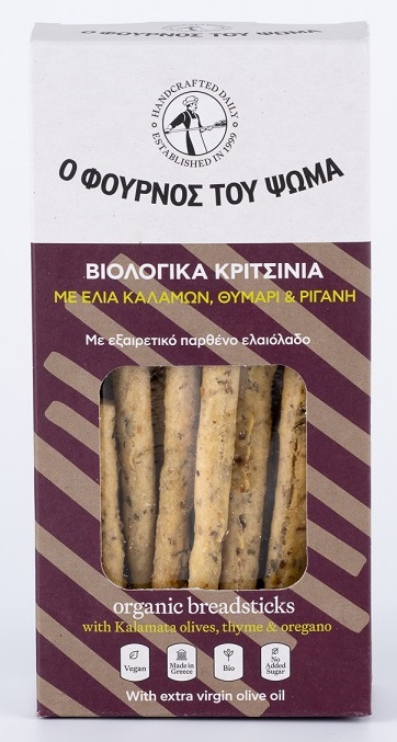 Παραδοσιακά Ζυμώματα Βιολογικά Κριτσίνια με Ελιά Καλαμών, Θυμάρι & Ρίγανη, ο Φούρνος του Ψωμά (140g)