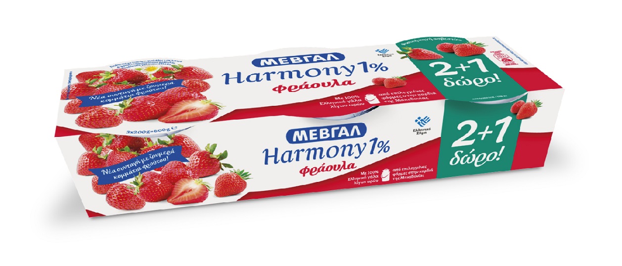 Επιδόρπιο Γιαουρτιού Harmony 1% λιπαρά Φράουλα 2+1 δώρο Μεβγάλ (3×200 g)
