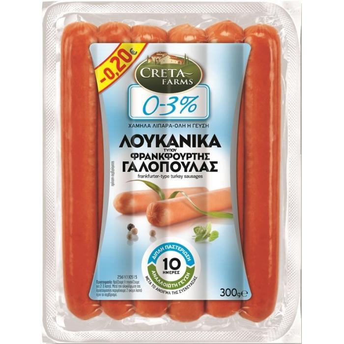 Λουκάνικα τ. Φρανκφούρτης 0-3% Creta Farms (300 g) -0,20