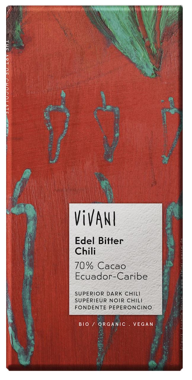 Βιολογική Μαύρη Σοκολάτα 75% με Chilli Vivani (80g)