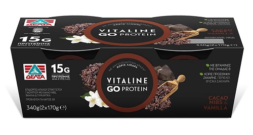 Επιδόρπιο Γιαουρτιού Vitaline 0% λιπαρά Go Protein Κακάο Nibs & Βανίλια Δέλτα (2x170g)