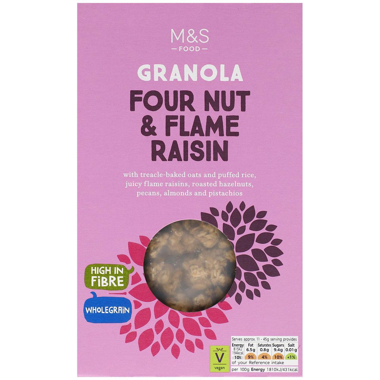 Marks & Spencer Νιφάδες Βρώμης Ολικής Άλεσης Ψημένες σε Σιρόπι Ζαχαροκάλαμου και Διογκωμένο Καστανό Ρύζι, με Ερυθρές Σταφίδες, Καβουρδισμένα Φουντούκια, Πεκάν, Ψιλοκομμένα Αμύγδαλα, Αμύγδαλα σε Φέτες και Φυστίκια Marks & Spencer (500g)