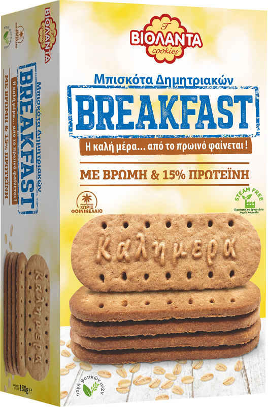Βιολάντα Μπισκότα Δημητριακών Breakfast με Βρώμη & 15% Πρωτεΐνη Βιολάντα (180g)