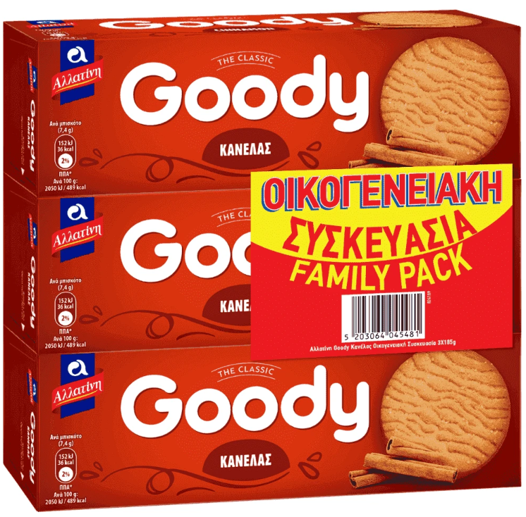 Elbisco Μπισκότα Goody Κανέλας Οικογενειακή Συσκευασία Αλλατίνη (3x185g)