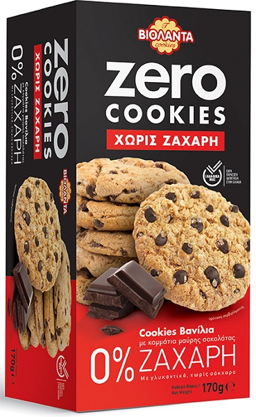 Βιολάντα Μπισκότα Zero Cookies Βανίλια με Κομμάτια Μαύρης Σοκολάτας Βιολάντα (170g)