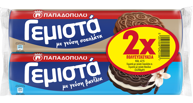 Παπαδοπούλου Μπισκότα Γεμιστά με Γεύση Σοκολάτα και Γεύση Βανίλια Παπαδοπούλου (2x200g)