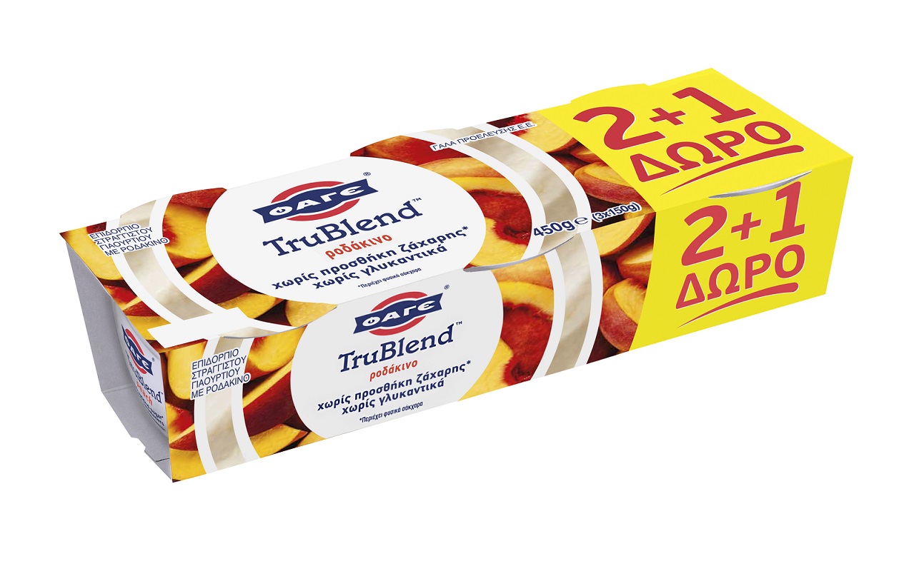 Επιδόρπιο Στραγγιστού Γιαουρτιού Trublend Ροδάκινο 1,6% λιπαρά Φάγε (3x150g) 2+1 Δώρο