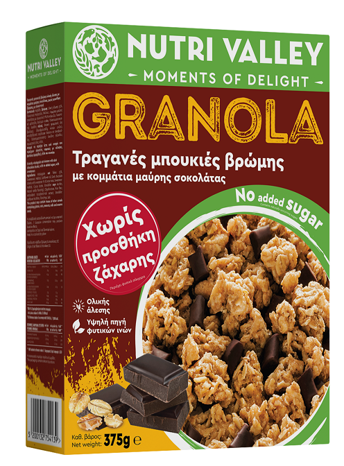 K22 Granola με Μαύρη Σοκολάτα Χωρίς Προσθήκη Ζάχαρης Nutri Valley (375g)