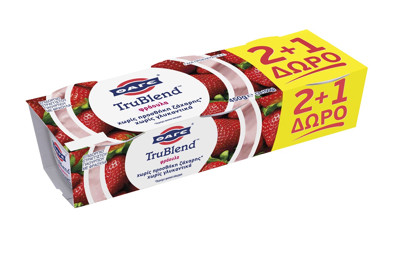 Επιδόρπιο Στραγγιστού Γιαουρτιού Trublend Φράουλα 1,6% λιπαρά Φάγε (3x150g) 2+1 Δώρο