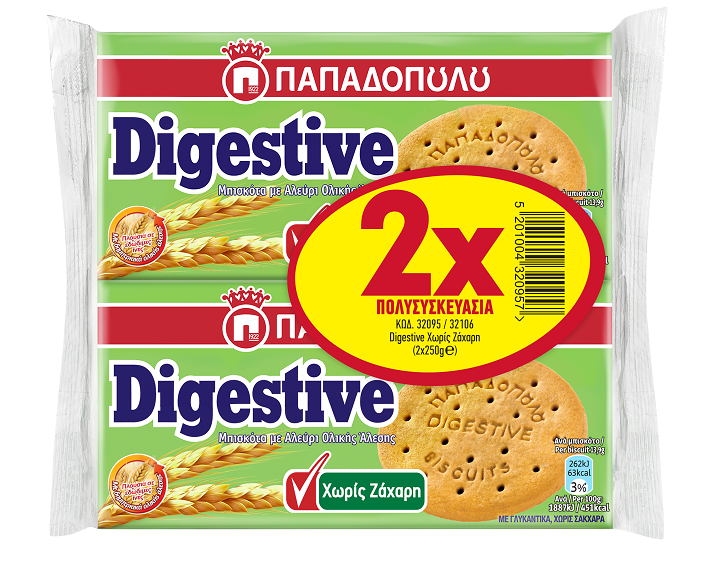 Παπαδοπούλου Μπισκότα Digestive Χωρίς Ζάχαρη Παπαδοπούλου (2x250g)