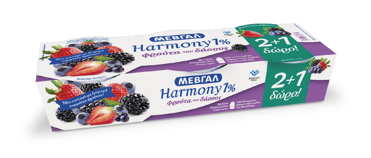 Επιδόρπιο Γιαουρτιού Harmony 1% λιπαρά Φρούτα του δάσους 2+1 δώρο Μεβγάλ (3×200 g)