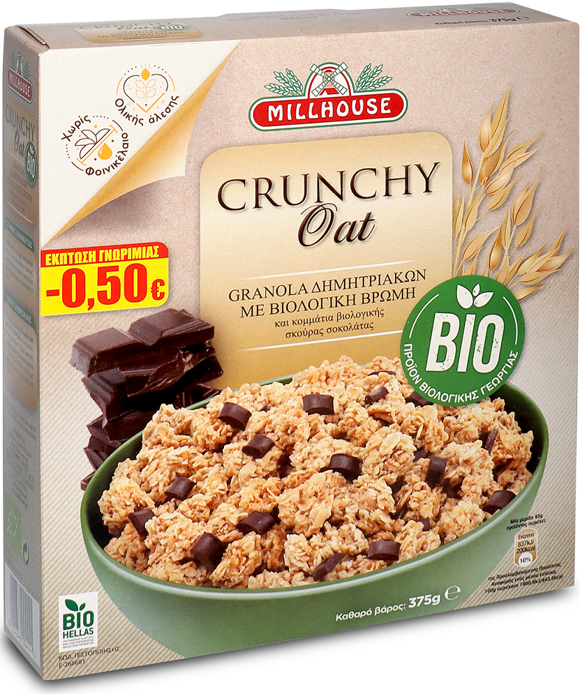 Granola Δημητριακών με Βιολογική Βρώμη & Κομμάτια Βιολογικής Σκούρας Σοκολάτας Millhouse (375g) -0,50€