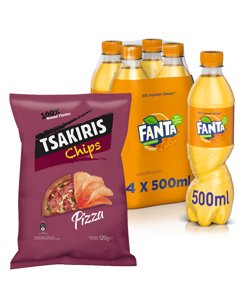 Τσιπς με Γεύση Πίτσα Tsakiris (120g) & Πορτοκαλάδα Fanta (4×500 ml)