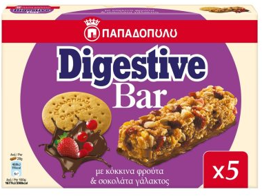 Παπαδοπούλου Μπάρες Δημητριακών Digestive Κόκκινα Φρούτα & Σοκολάτα Γάλακτος Παπαδοπούλου (5x28g)
