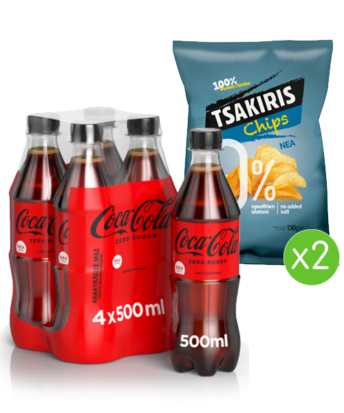 The Coca Cola Company Coca-Cola Zero (4x500 ml) & Τσιπς με 0% Πρόσθετο Αλάτι Tsakiris (2x130 g)