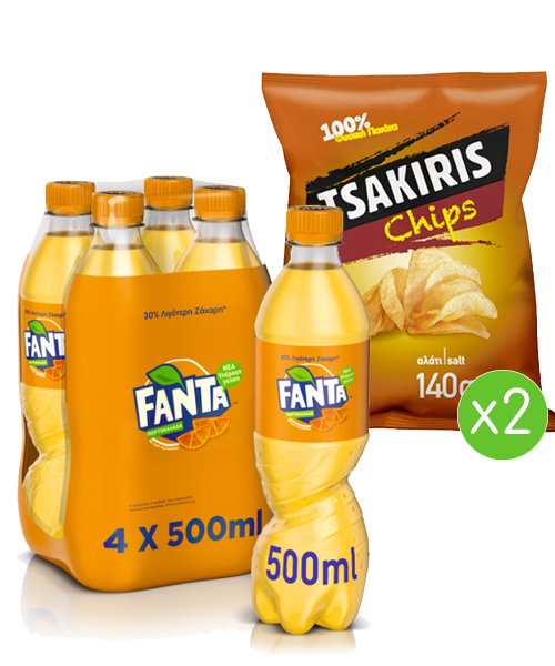 Πορτοκαλάδα Fanta (4×500 ml) & Τσιπς με Αλάτι Tsakiris (2×140 g)