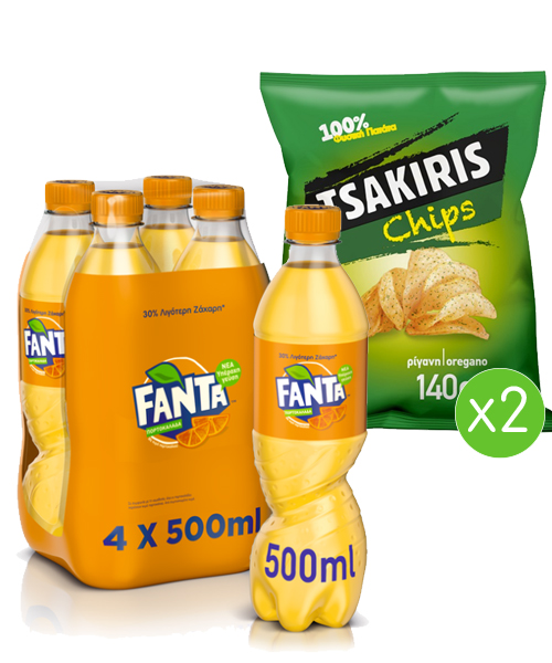 Πορτοκαλάδα Fanta (4×500 ml) & Τσιπς με Ρίγανη Tsakiris (2×140 g)