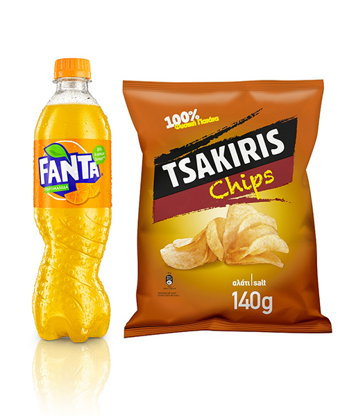 Πορτοκαλάδα Fanta (500 ml) & Τσιπς με αλάτι Tsakiris (140 g) -0,50€