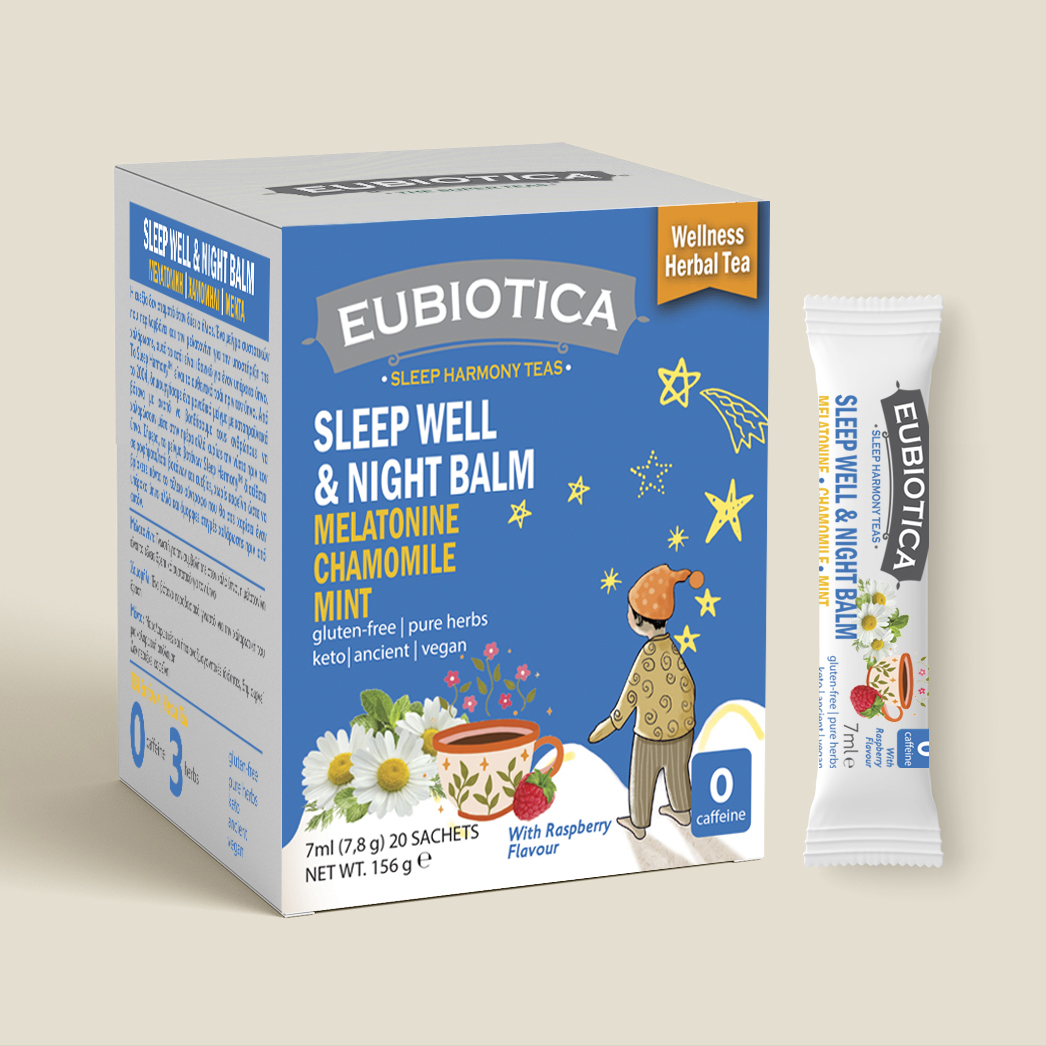 Amhes Pharma Ευεργετικό Ρόφημα Sleep Well & Night Balm Tea με Μελατονίνη σε υγρή μορφή EUBIOTICA (20 τμχ)