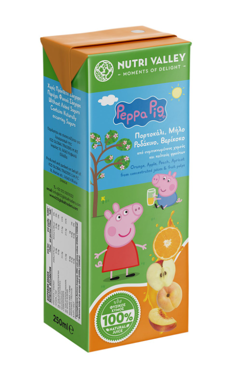 K22 Χυμός Peppa Pig Μήλο Πορτοκάλι Ροδάκινο Βερίκοκο Nutri Valley (250ml)