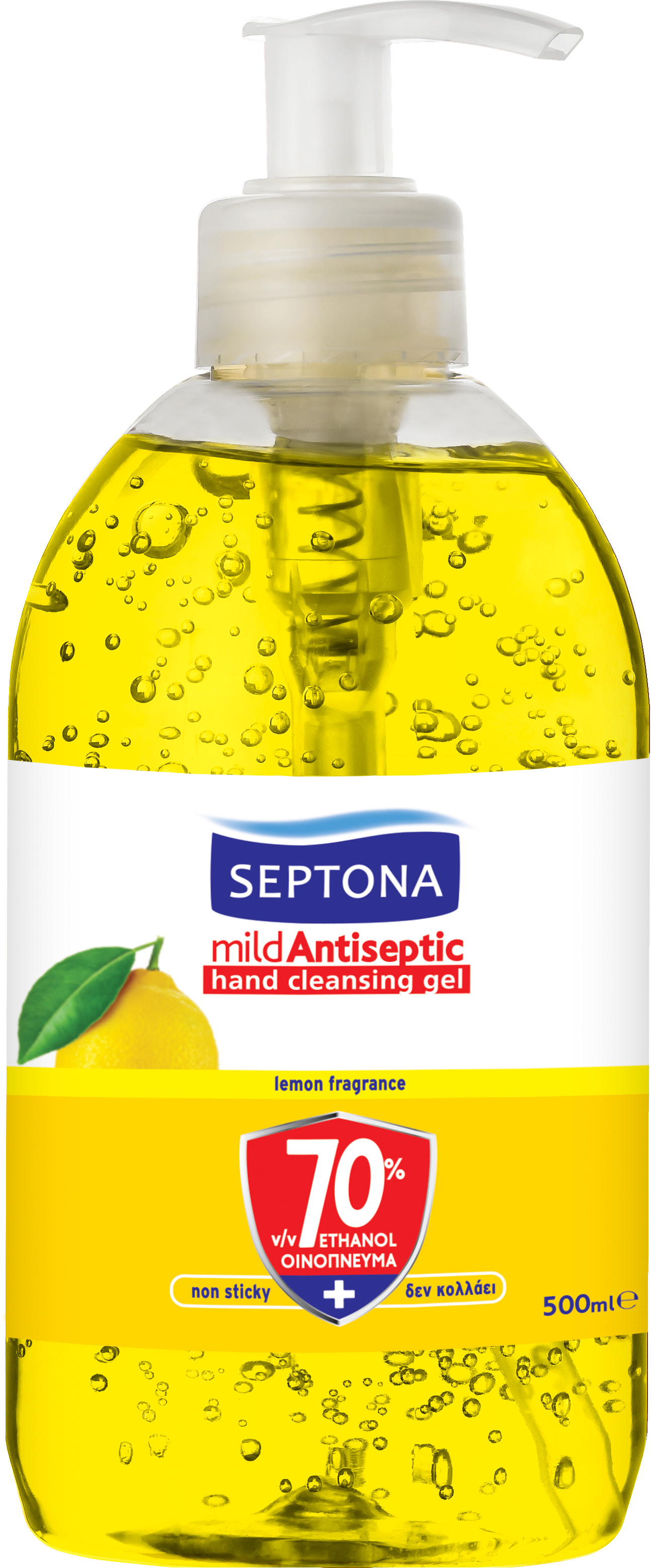Ήπιο Aντισηπτικό Gel Καθαρισμού Χεριών με Άρωμα Λεμόνι 70% Οινόπνευμα Septona (500ml)