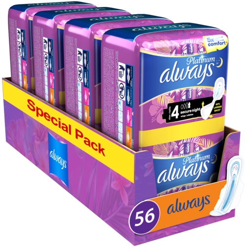 P&G Σερβιέτες με Φτερά Ultra Platinum Secure Night (Μέγεθος 4) Always (56τεμ)