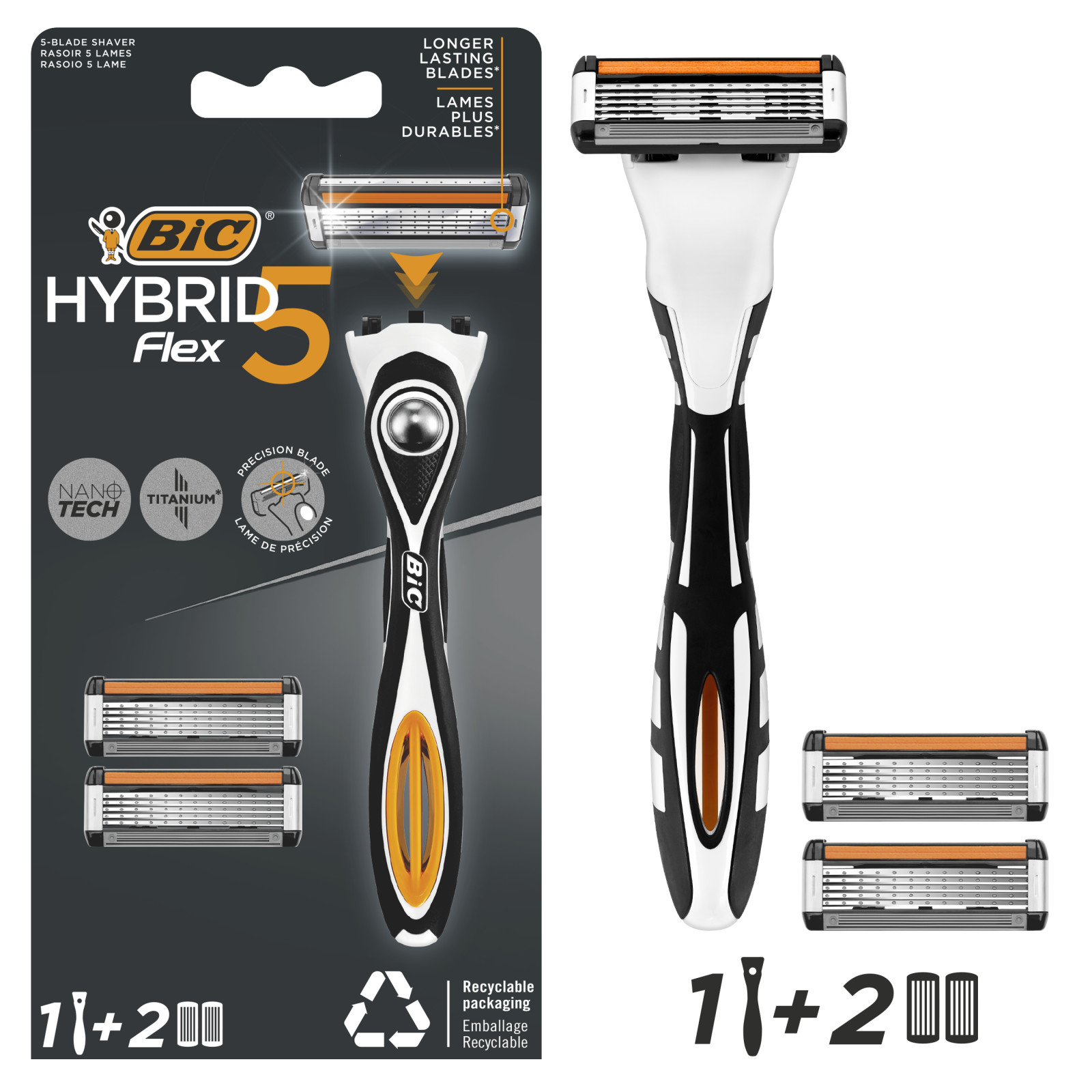 Bic Σετ ξυρίσματος για Άνδρες με 5 Λεπίδες Νανοτεχνολογίας με επίστρωση τιτανίου - Λαβή (1 τεμ) & ανταλλακτικά ξυραφάκια (2 τεμ) Bic Hybrid 5 Flex