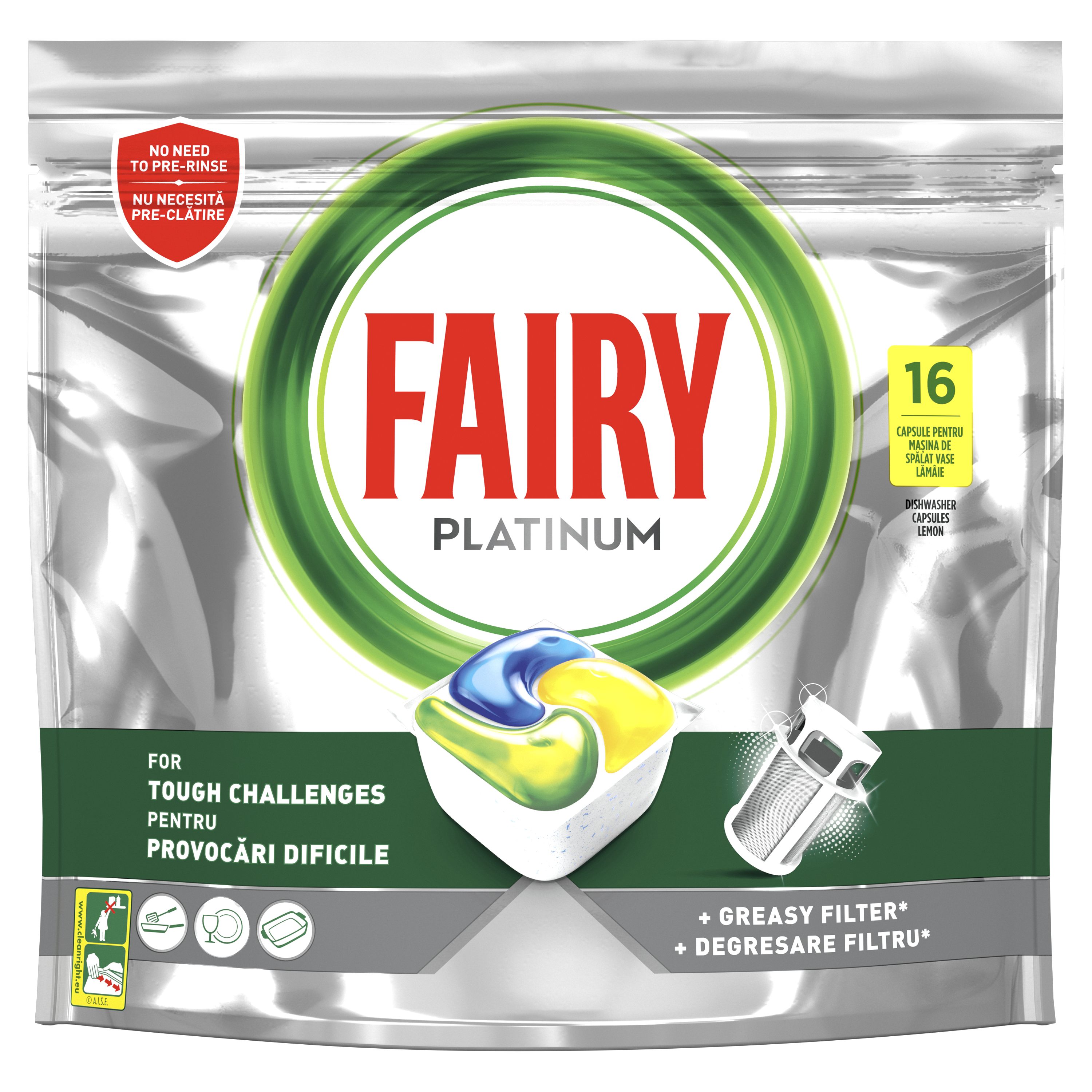 Dishwasher Tablets, Lemon, Platinum All In One, Fairy (16pcs)