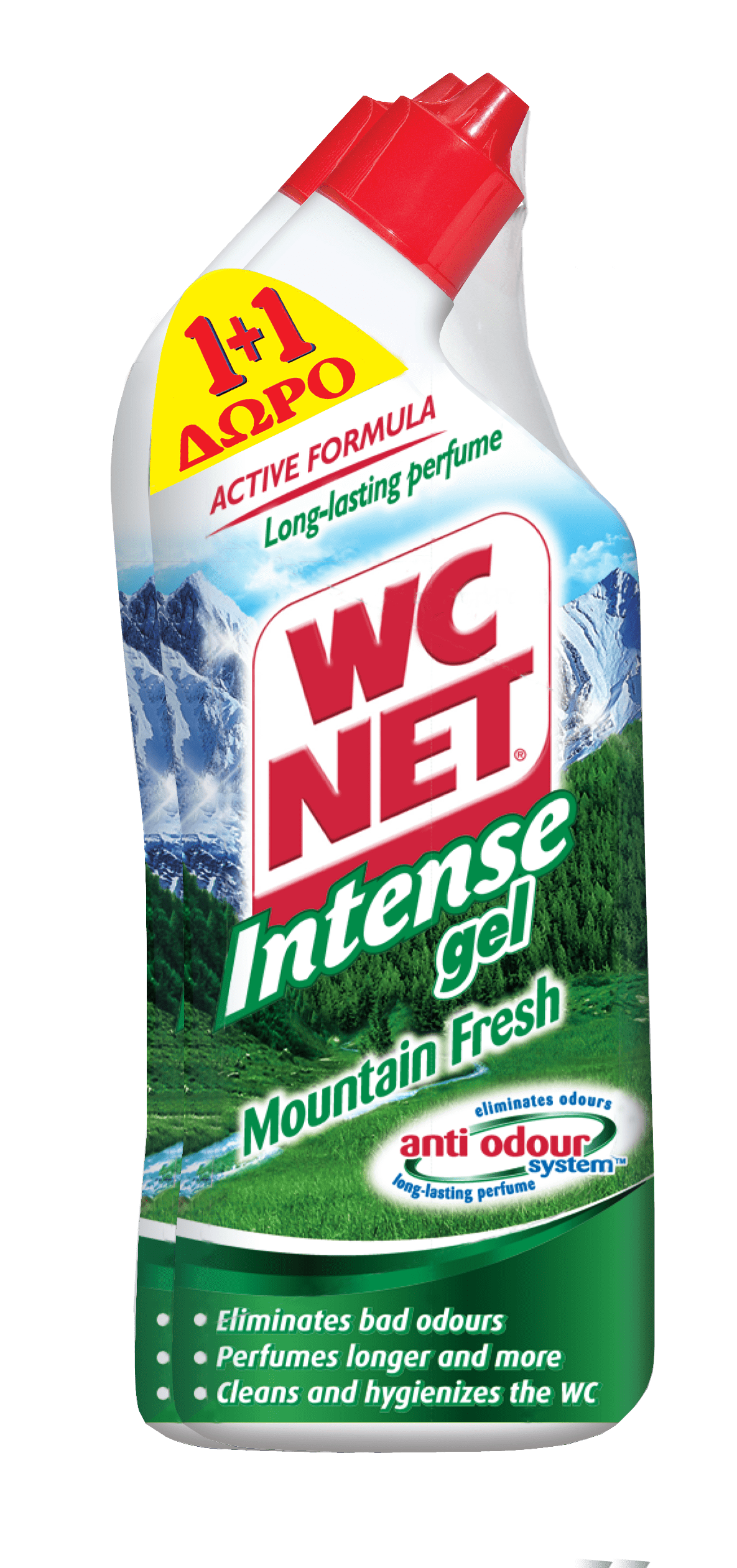 Υγρό Καθαριστικό Λεκάνης Intense Mountain Fresh 1+1 Δώρο WC Net (2Χ750 ml)