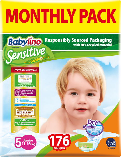 Πάνες Babylino Sensitive Μηνιαίο Πακέτο (176 τεμ) No 5 (11-16 Kg)