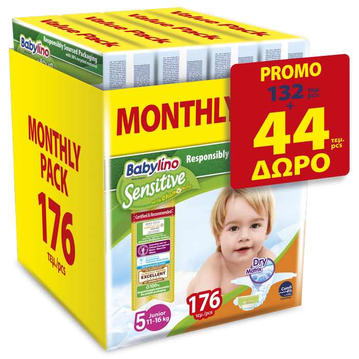 Ανοιχτές Πάνες Sensitive Μηνιαίο Πακέτο No5 (11-16kg) Babylino (132τεμ) +44τεμ Δώρο