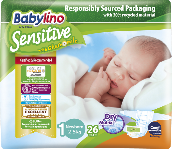 Ανοιχτές Πάνες Sensitive No1 (2-5kg) Babylino (26τεμ)