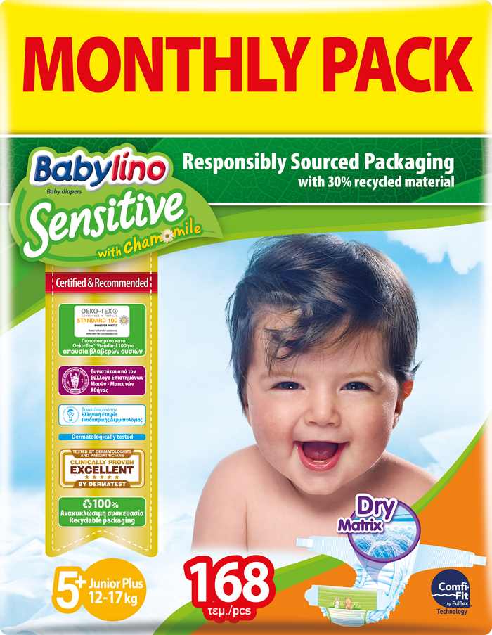 Πάνες Babylino Sensitive Μηνιαίο Πακέτο (168 τεμ) No 5+ (12-17Kg)
