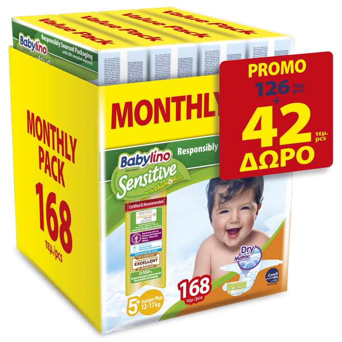 Ανοιχτές Πάνες Sensitive Μηνιαίο Πακέτο No5+ (12-17kg) Babylino (126τεμ) +42τεμ Δώρο