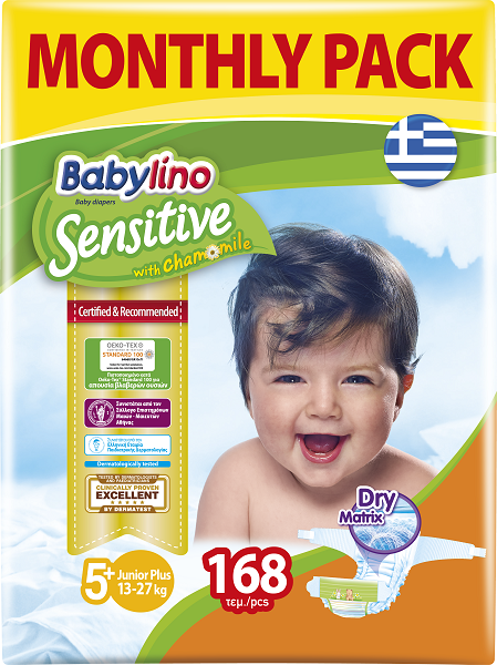 Πάνες Babylino Sensitive Μηνιαίο Πακέτο (168 τεμ) No 5+ (13-27 Kg)