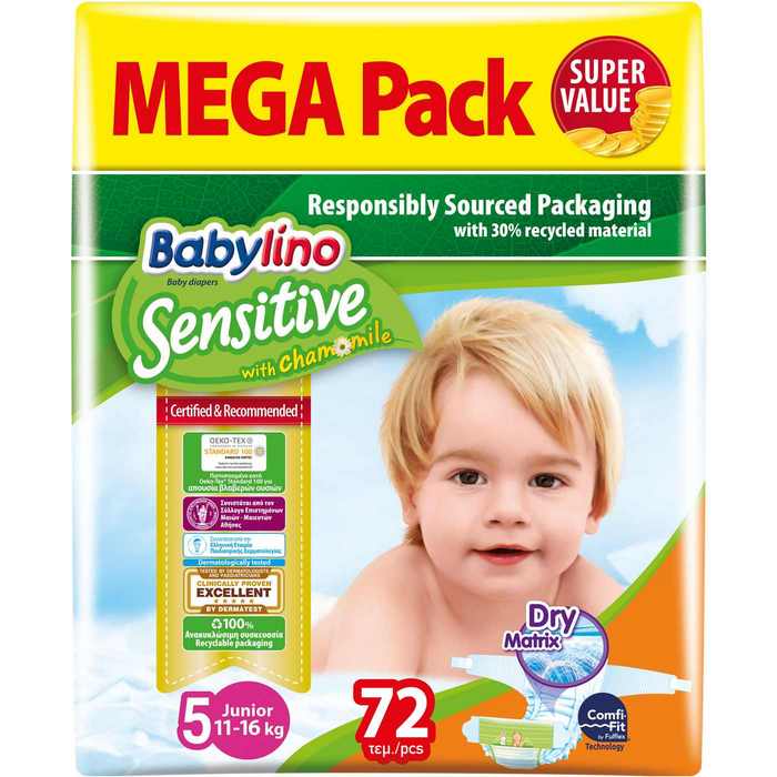 Πάνες Babylino Sensitive Mega Pack No 5 (11-16Kg) (72 τεμ)