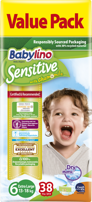 Ανοιχτές Πάνες Sensitive No6 (13-18kg) Babylino (38τεμ)