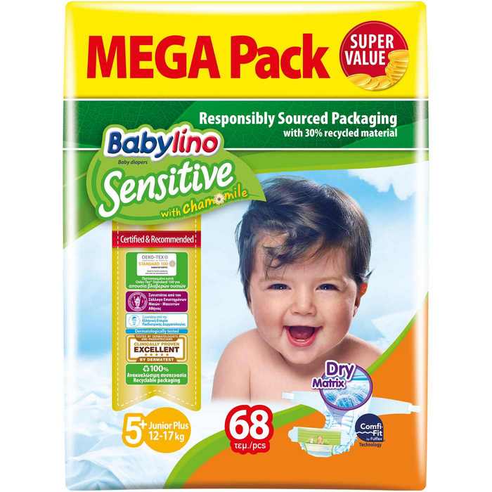 Πάνες Babylino Sensitive Mega Pack No 5+ (12-17Kg) (68 τεμ)