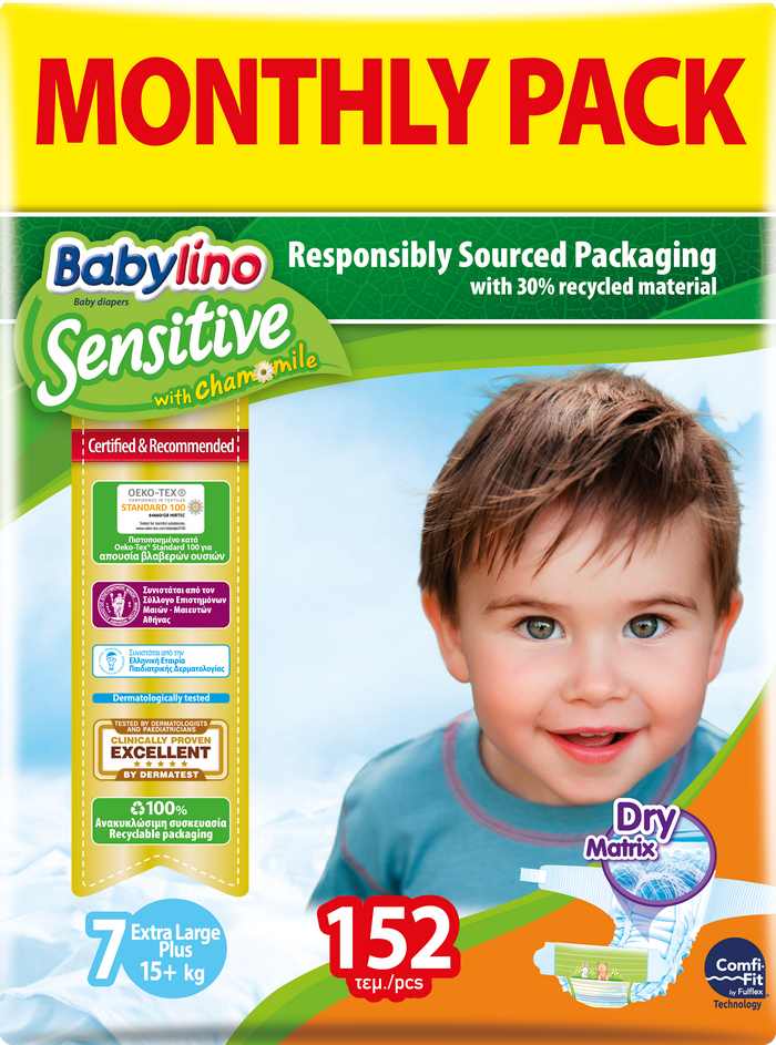 Πάνες Babylino Sensitive Μηνιαίο Πακέτο (152 τεμ) No 7 (15+ Kg)